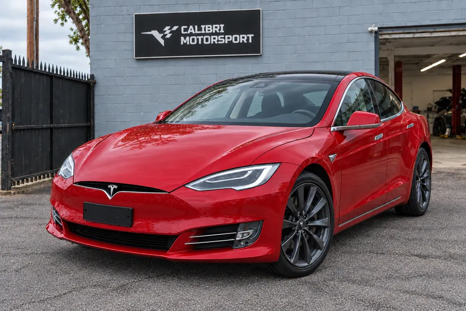 Red Tesla exterior outside Calibri Motorsport